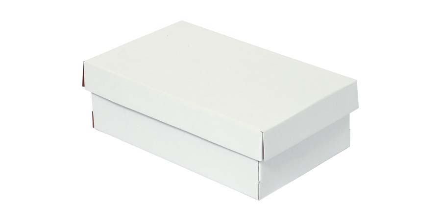 Caja Ordenadora tapa y base exterior blanco opaco e interior kraft en microcorrugado. Usos: zapatos, guardado.