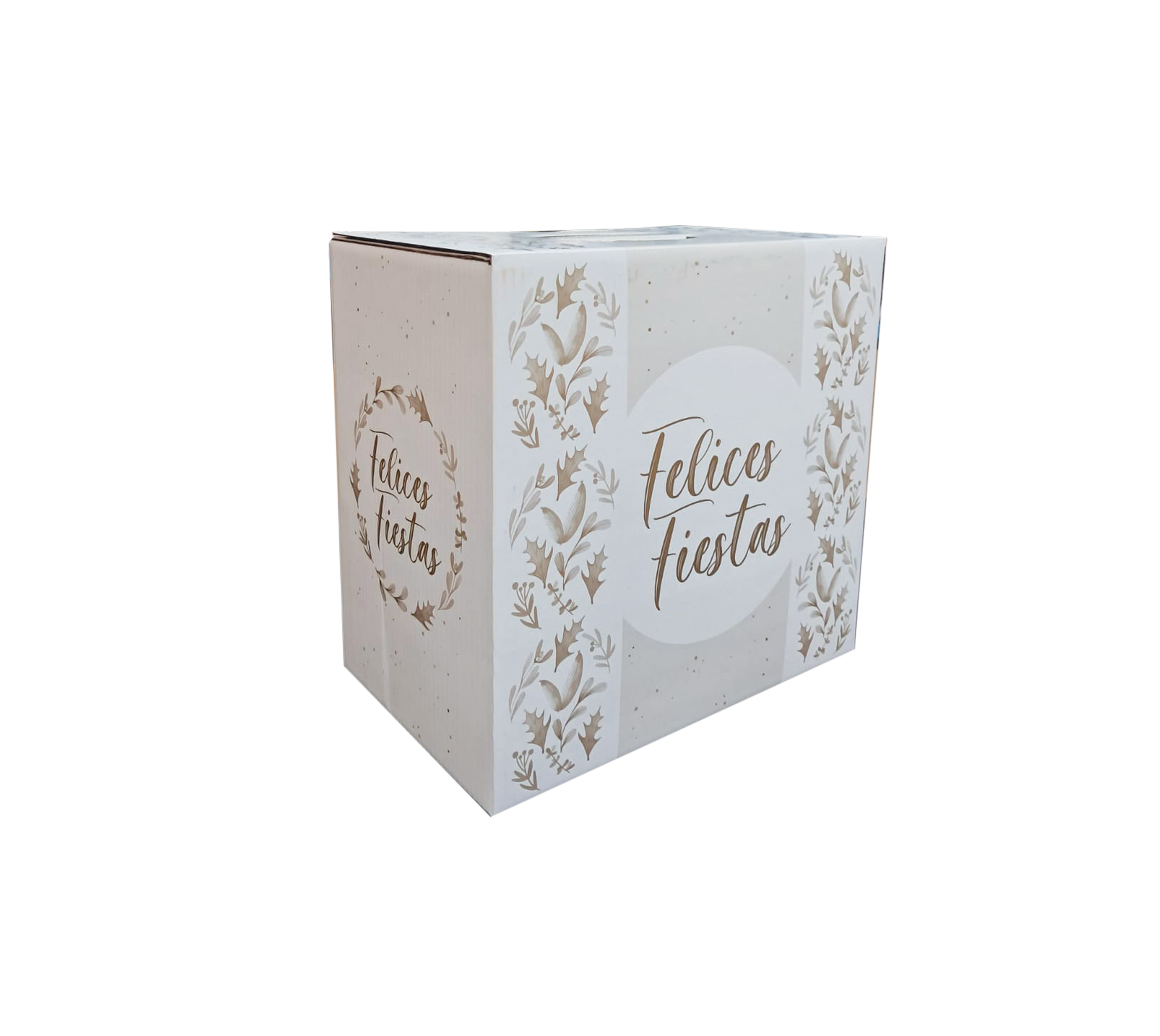 Cajas Felices Fiestas Dorado con diseo en microcorrugado acoplado a cartulina