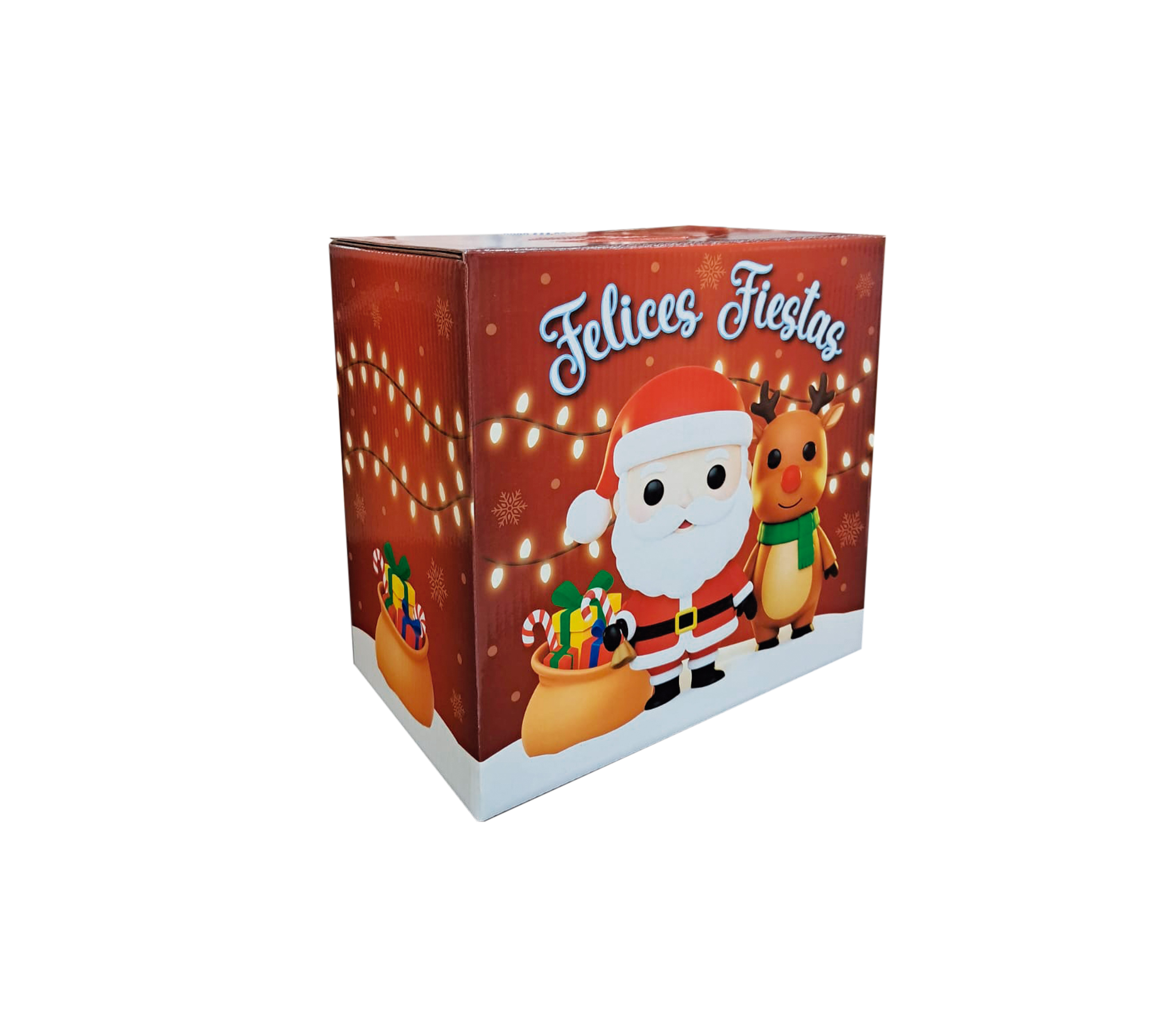 Cajas Felices Fiestas con diseo en microcorrugado acoplado a cartulina con brillo exterior
