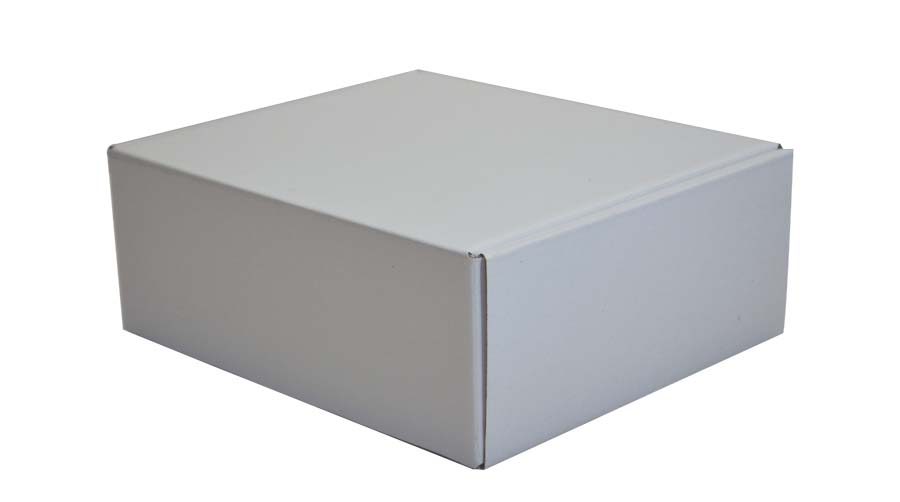 Caja tipo software grande en microcorrugado blanco acoplada a cartulina con brillo