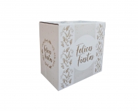 Cajas Felices Fiestas Dorado con diseo en microcorrugado acoplado a cartulina