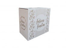 Cajas Felices Fiestas Dorado con diseo en microcorrugado acoplado a cartulina