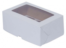 Caja con visor en cartulina blanca sin impresin. Usos: regalera, ropa beb, blanquera, cup cake, huevos pascuas, panettone.