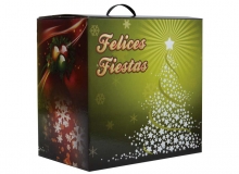 Cajas Felices Fiestas con diseo en microcorrugado acoplado a cartulina con brillo exterior C.03903)